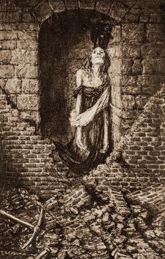 an old drawing of a woman standing in a brick wall with her hands on her hips