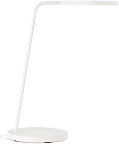 a white table lamp with a dim light on the top and one arm extended from the base