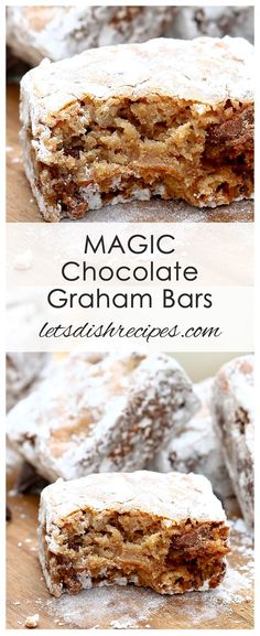 some food that is sitting on top of a wooden table with the words magic chocolate graham bars