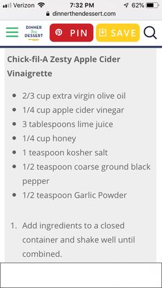 an iphone screen showing the recipe for chicken - fil - a - zesty apple cider vinaigrette