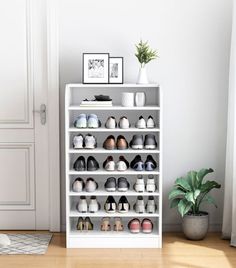 a white shelf filled with lots of shoes next to a potted plant on top of a hard wood floor