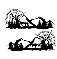 two black and white silhouettes of mountains, trees and ferris wheel with deer in the foreground