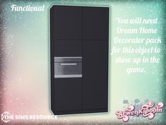 a black refrigerator freezer sitting on top of a green and pink background with the words, you will need dream home decor pack for this piece to show up in the game