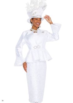 Elite Champagne 5829 white bell sleeve brocade skirt suit Suit Colors, Church Suits And Hats, Dresses Church, Dressy Hats, Brocade Skirt, Women Church Suits, Church Suits, Matching Hat, Church Dresses