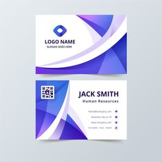 a business card with blue and purple waves on it, in front of a gray background