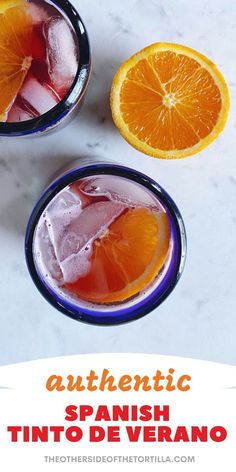 there are two oranges and one grapefruit on the table with text that reads authentic spanish tinto de verano