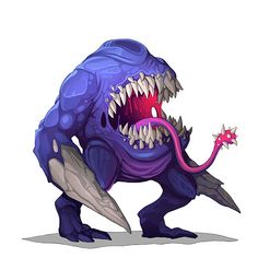 a purple monster with sharp teeth and large fangs on it's face, holding an object in its mouth