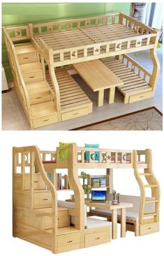 the bunk bed is made from wood and has stairs that lead up to the bottom