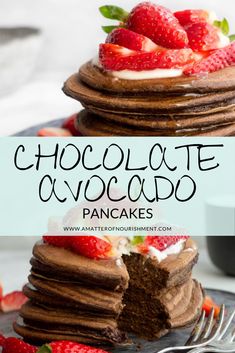 chocolate and avocado pancakes are stacked on top of each other with strawberries