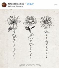 three flowers with the word love written in cursive writing