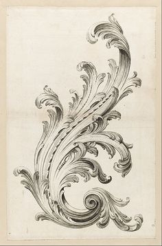 an ornate design with swirls and waves on it's sides, in black ink