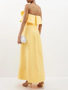 Aje Shallows strapless linen-blend gown Strapless Linen Dress For Spring, Spring Floor-length Strapless Dress For Bridesmaids, Spring Floor-length Strapless Bridesmaid Dress, Floor-length Strapless Bridesmaid Dress For Spring, Yellow Gown, Velvet Slip Dress, Dress Code Wedding, Bachelorette Dress, Bandeau Dress