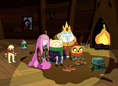 some cartoon characters are standing in front of a campfire and an oven with marshmallows on it