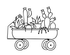 a black and white drawing of a wagon filled with cacti