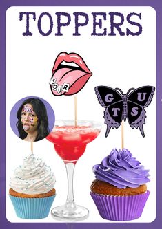 an image of cupcakes and drinks with the words toppers on them in purple