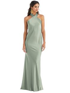 Draped Twist Halter Tie-Back Trumpet Gown - Imogen | The Dessy Group Chelsea Gray, Charmeuse Dress, Dessy Collection, Charmeuse Fabric, Willow Green, Trumpet Gown, Trumpet Skirt, Infinity Dress, Column Dress