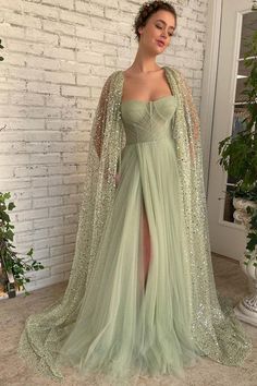 Vestidos Color Pastel, Sage Green Prom Dress, Green Wedding Dresses, Special Occasion Gowns, Cape Gown, Green Tulle, Prom Dresses Modest