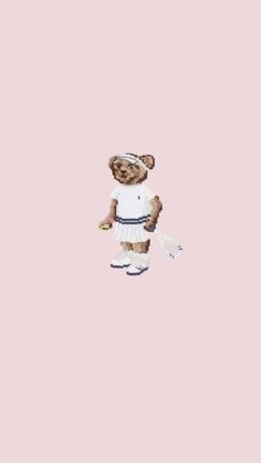 a teddy bear holding a tennis racquet on top of a pink background,