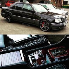 two pictures of a black car and the same one with red trims on it