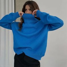 Tops High Neck Sweater, Womens Turtleneck, Blue Sweater, Loose Sweater, Knit Fashion