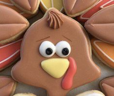 a close up of a decorated turkey cookie