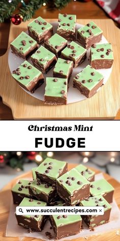 christmas mint fudge on a wooden platter next to a plate with pieces cut out