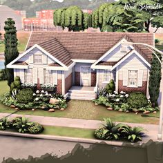 this is an artist's rendering of a house in the suburbs with landscaping and trees