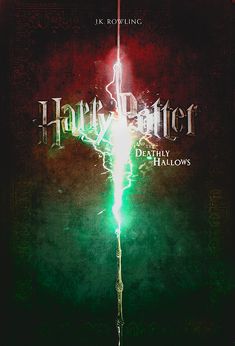 the poster for harry potter's deathly hallows is shown in red and green