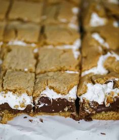 several pieces of chocolate and marshmallow dessert