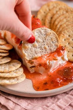 a plate with crackers, cheese and tomato sauce being dipped into the spread on top