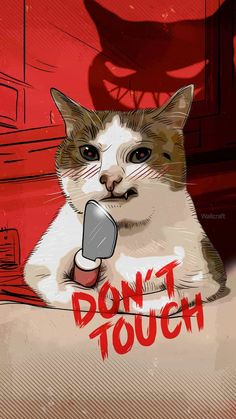 a cat sitting on top of a red couch with the words don't touch