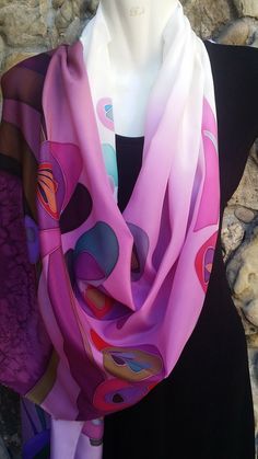 Color block silk scarf hand painted, Batik silk scarf for women, Christmas gift is made using the technique of cold batik. A unique large scarf 22 * 79 inches. Will please any girl or woman. PLEASE ATTENTION FOR DEAR BUYERS! I thank all visitors to my store! I love to make unique scarves, shawls, tunics, dresses for you. PLEASE read all order information before ordering! A birthday present for her, a present for mom. Unique abstract Scarves Scarf in pink and gray paint, Luxury scarves/ Hot pink Abstract Scarf, Present For Mom, Designer Silk Scarves, Birthday Presents For Her, Handmade Scarf, Painted Scarf, Present For Her, Gray Paint, Silk Scarf Painting