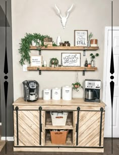 a coffee bar with shelves and plants on it