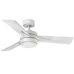 a white ceiling fan with two blades on the top and one light on the bottom