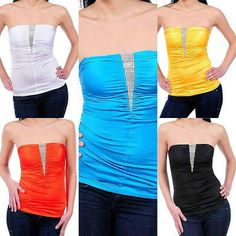 S M L Strapless Tube Top Rhinestone Sparkling Satin Solid Shirred Stretch Club Glamorous Stretch Strapless Tube Top, Glamorous Strapless Stretch Tube Top, Glamorous Bandeau Stretch Tops, Tube Tops, The Triangle, Quilted Vest, How To Look Classy, Fashion Tops, Tube Top