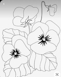 a black and white drawing of flowers with dotted lines on the bottom, one flower has four petals