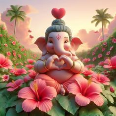 an elephant sitting in the middle of flowers with a heart on its head, surrounded by palm trees