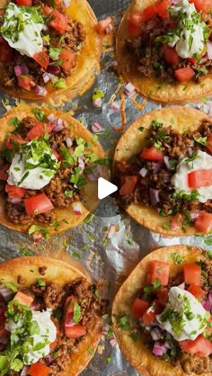 several taco shells with various toppings on them