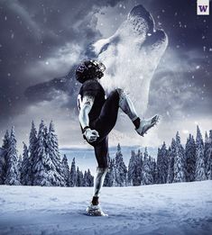 a football player in the snow with a wolf on his back