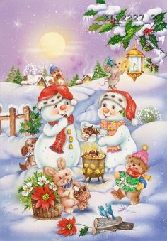 a christmas card with two snowmen and teddy bears in the snow, one holding a lit candle