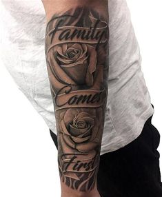 a man with a tattoo on his arm that says family tattoos and has a rose in it