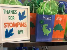 there are many bags that say thanks for stomping by on the shelf next to each other