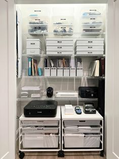 an organized closet with drawers, file cabinets and other items