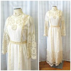 Wonderful vintage dress from the 1960s in the Edwardian style. The color is ivory with crochet lace of 2 tones of beige. An semi sheer organza fabric is the top layer, then 2 layers below of acetate type fabrics. Raised seaming. Sheer sleeves in area above the crochet. All measurement taken with the dress lying flat. Bust is 34 inches. Waist is 25 inches Hips open to 40 inches. Shoulder seam to seam is 13-1/4 inches. Sleeve is 22-1/2 inches. Length from the shoulder to the waistline is 15 inches Cream Vintage Lace Dress With Lace Trim, Cream Vintage Wedding Dress With Lace Trim, Victorian Cream Lace For Vintage Events, Vintage Lace Wedding Dress With Patchwork, Cream Victorian Vintage Wedding Dress, Victorian Cream Vintage Dress With Lace Trim, Cream Victorian Vintage Dress With Lace Trim, Beige Lace Trim Vintage Wedding Dress, Beige Lace Trim Vintage Dress For Wedding