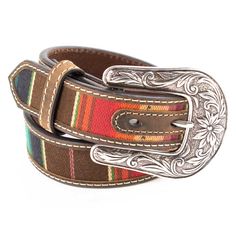 N4440797 Nocona Girls Chocolate leather belt with Serape inlay. Floral embossed buckle. Sizes 20 to 30. Country Belts, Nocona Belt, Pony Saddle, Barrel Saddle, Kids Belt, Chocolate Leather, Western Belt, M F, Western Belts