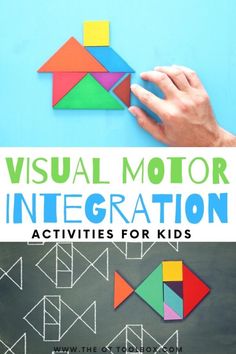 a hand is holding an origami piece with the words visual motor interaction activities for kids