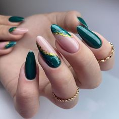 Nail Ideas Acrylic Dark Colors, Emerald Nails, Long Acrylic Nails, Gold Nails, Perfect Nails, Green Nails, Holiday Nails