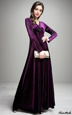 Olivia Mark - Long-Sleeve High-Neck Floor-Length Velvet Maxi Dress Purple Plain, High Waist Maxi Dress, Maxi Bodycon Dress, Velvet Maxi Dress, Velvet Maxi, Maxi Dress Prom, Maxi Dress Online, Maxi Robes, Elegant Shirt