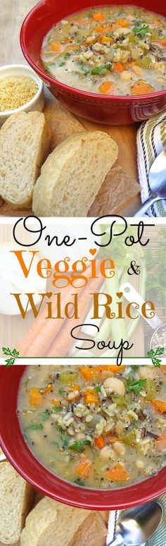 one pot vegan wild rice soup is shown in three different bowls with bread on the side