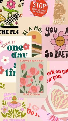 many different types of stickers on a pink background with the words love and flowers